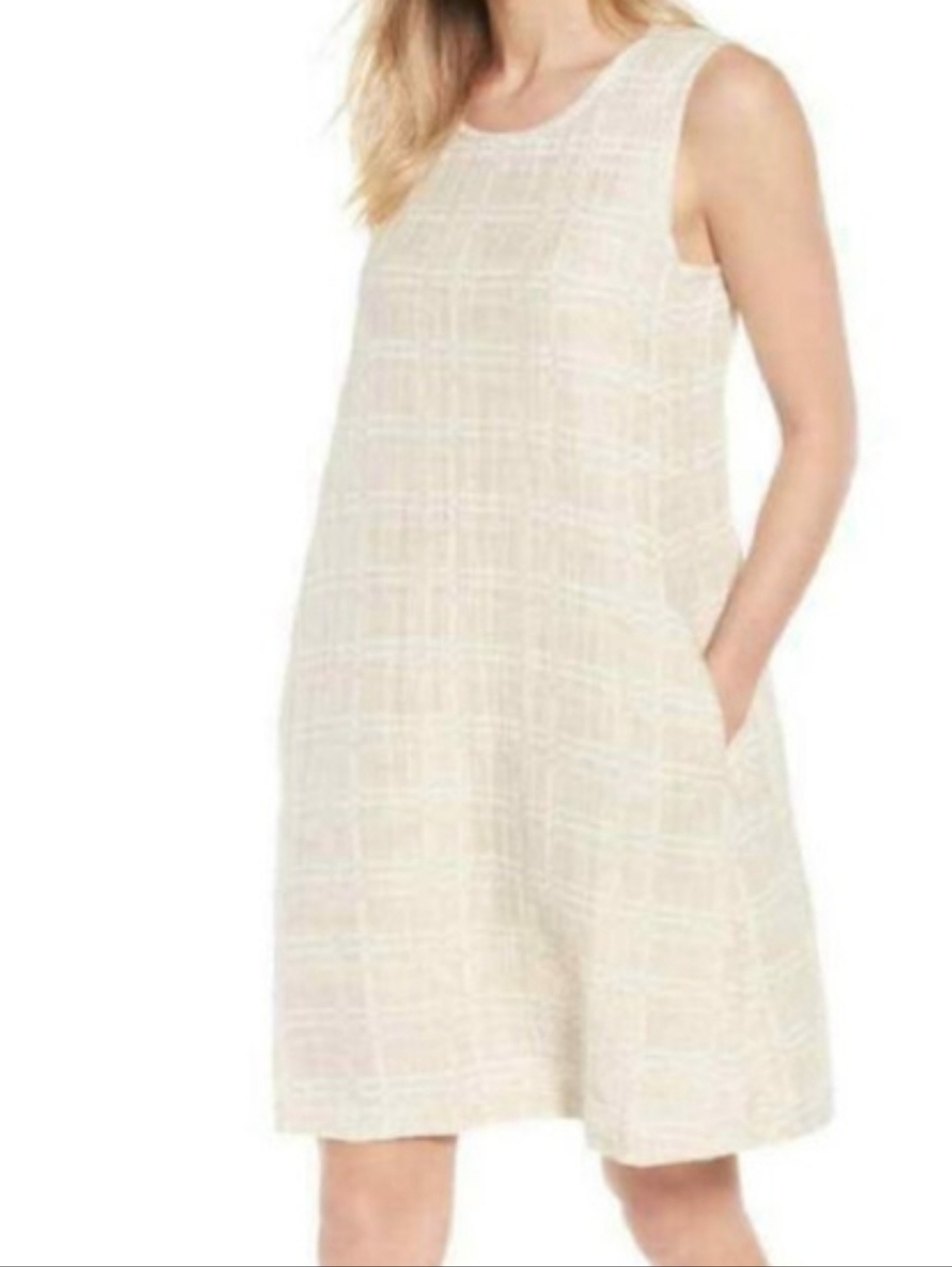 Eileen Fisher Organic Cotton Linen Jacquard Cream Shift Dress Women’s Medium